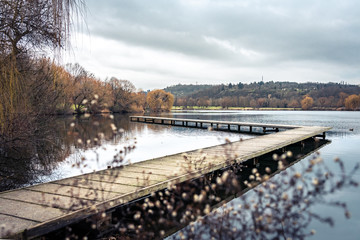 Hidden view of a beautiful wooden jetty at a quiet lake where the clouds are reflected; Stuttgart, Max-Eyth-See