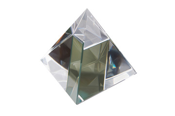 Clean and transparent glass pyramid on a isolated white background. Science, the study of light refraction. Feng Shui is a symbol of career growth and wealth.