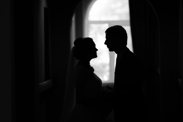 silhouette of a couple. the bride looks at the groom.