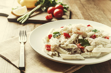 Italian spaghetti pasta with sauce and shrimp
