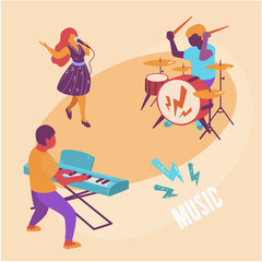 Illustration of a musical group - singer, pianist, drummer playing jazz, rock and roll or other music. Youth, music and dancing on orange background. 