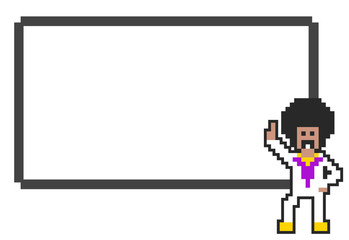 Pixel retro disco dancer character with signboard vector illustration.