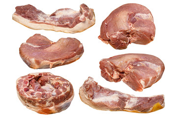 mix of pieces of raw meat on a white background for your design or menu