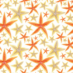 Fototapeta na wymiar Marine seamless patern of sea shells and starfishes. Watercolor illustration for textile, greeting cards, invitations.