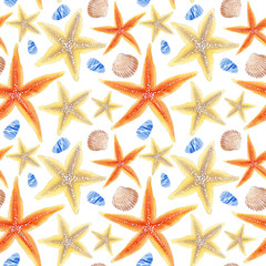 Marine seamless patern of sea shells and starfishes. Watercolor illustration for textile, greeting cards, invitations.