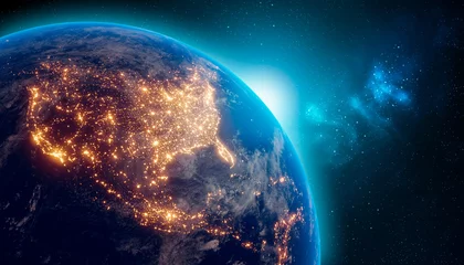Fotobehang Earth at night from outer space with city lights on North America continent. 3D rendering illustration. Earth map texture provided by Nasa. Energy consumption, electricity, industry, ecology concepts. © Matthieu