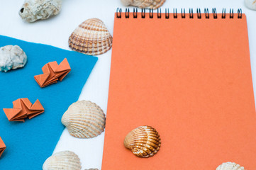  Seashells, origami and orange notepad on white background. Colorful flat lay design. Decorations. Colorful background. 