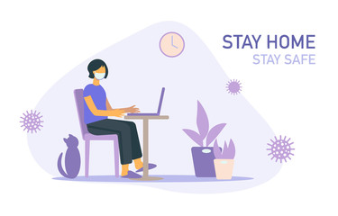 Work home. Protect yourself. Flat illustration Stay home stay safe on quarantine during the coronavirus epidemic young woman with cat, houseplant, laptop, desk. Coronavirus outbreak vector concept