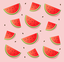Watermelon pattern, summer banner, watermelon set, pink background, vector