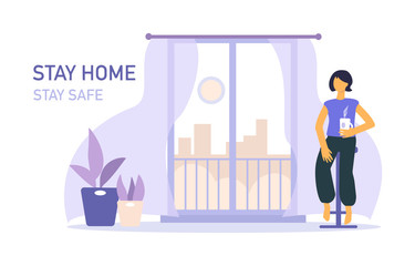 Stay home banner template. Woman with cup, houseplant, balcony, city. Quarantine or self-isolation. Health care concept.  Global viral epidemic or pandemic. Flat vector illustration
