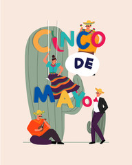 Mexicans cinco de mayo cartoon. Cinco de Mayo Mexican sombrero vector greeting holiday poster flyers design with people celebrate. Vector template with traditional Mexican symbols Mexican guitar.