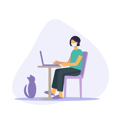 Work home. Protect yourself. Flat illustration Stay home stay safe on quarantine during the coronavirus epidemic young woman with  houseplant, laptop, desk. Coronavirus outbreak vector concept