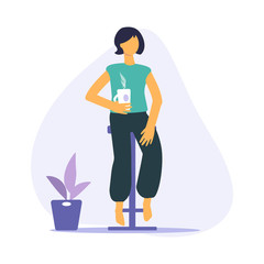 Woman sitting on chair with cup, houseplant isolated on blue background. Vector flat illustration