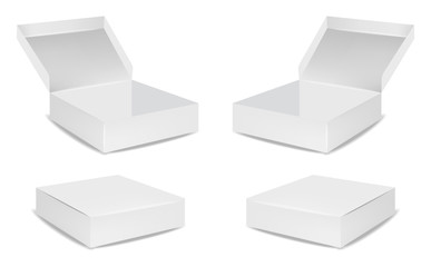 White box isolated set, white packaging, realistic box package, and open box vector illustration