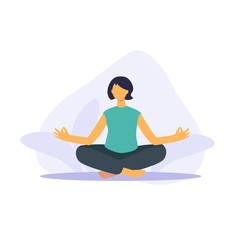 Pose yoga, doing yoga at home. Meditation and sports during quarantine. Stay at home take care of yourself. Girl sitting in lotus position.  Vector flat illustration