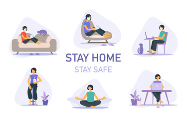 Set of Stay home banner template. Woman with cup, houseplant, laptop, sofa, cat. Quarantine or self-isolation. Health care concept.  Global viral epidemic or pandemic. Flat vector illustration