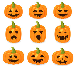 Hello halloween, big set pumpkin emotion, halloween banner, isolated pumpkin horror, october party card vector illustration