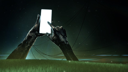 a broken bronze statue of hands holding a luminous cell phone with drooping wires and small fragments streaming from the grass. concept of fast-growing technology 3d render