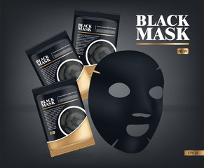 Realistic black mask, black 3d package isolated, brand cosmetics, charcoal facial mask design, beauty product vector illustration