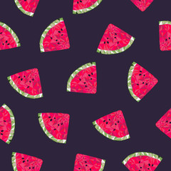 Low poly watermelons on a purple background vector seamless pattern