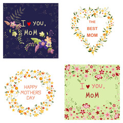 Set of Mothers day greeting cards. Collection of textured delicate Happy Mother's day greeting cards with flowers. Banner, poster, invitation greeting card templates with lovely spring flowers