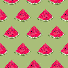 Low poly watermelons on a light green background vector seamless pattern