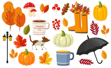 Hello autumn, flat set autumn elements, colored leaves, pumpkin, tea cup, autumn boots, umbrella, dog, mushrooms and street lamp