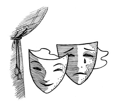 Drawing of two theatrical masks of joyful and sad and part of the curtains