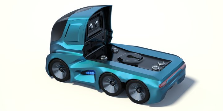 3D rendering of a brand-less generic concept truck. Electric autonomous truck on white background