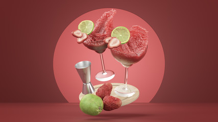 Two Strawberry Daiquiris Splash Center Frame During Happy Hour