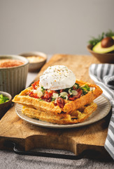 poached egg on belgian waffles, coffee, breakfast