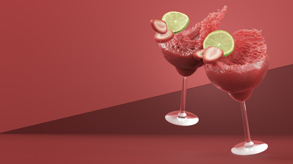 Two Strawberry Daiquiris Splash Right Frame During Happy Hour
