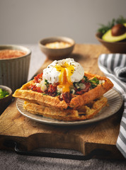 poached egg on belgian waffles, coffee, breakfast