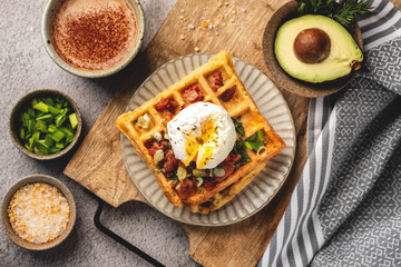 poached egg on belgian waffles, coffee, breakfast, top view