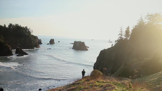 Oregon Coast Beach Male Person Walking Cliff Ocean Water Trees Sunset Golden Hour
