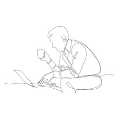 l'uomo lavora da casa, al computer sul divano e beve caffè. Concetto di smart working. Illustrazione a linea continua su sfondo bianco 