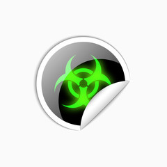 Sticker biohazard sign. Symbol of biohazard threat alert. Vector illustration isolated on bright background. Round adhesive sticker with white highlight and black shadow.