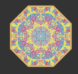 Octagonal mosaic geometric patterns, kaleidoscope fragments, ornament in soft pastel colors on dark gray background, vector graphics