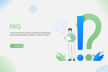 FAQ Frequently asked questions concept, young man holding tablet and answering questions online, customer support concept, big question mark on background, vector illustration