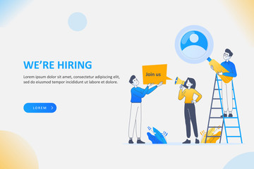 We are hiring banner, job offer concept, searching for candidates for work. People holding sign and megaphone for announcement, vector illustration