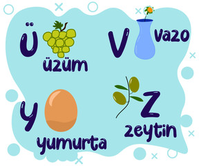 Resimli Türkçe Alfabe: Means Turkish Alphabet with pictures. Designed for students or teachers to show characters with a colorful and funny way.