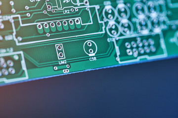Green system board with microchips and transistors. Microchip Production, Nano computer Technology and manufacturing technological process