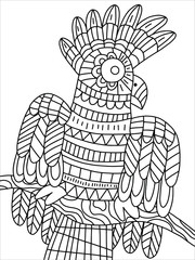 Funny parrot sits on a branch coloring page for kids and adultd pastime. Jungle animal detailed coloring. Black outline exotic bird isolated on white stock vector illustration. One of a series.