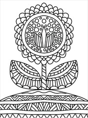 Simple coloring book page with a symmetrical flower grew out of the ground for kids and adults. Childish garden blossom flower stock vector illustration. Black outline isolated on white. One of series