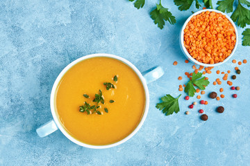 Red lentil soup.  Vegan food . Top view