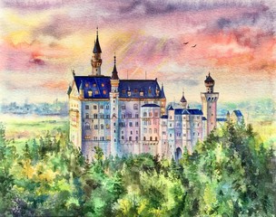 Illustration castle in Germany Schloss Neu Schwanstein. Panoramic view Bavaria. Pink, purple, blue sky.  - obrazy, fototapety, plakaty