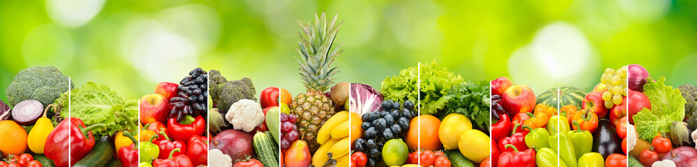 Fruits, vegetables separated vertical lines on green background.