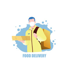 Character in mask, food delivery man, with pizza in hand and a backpack behind.