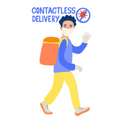 Contactless delivery poster. Hand drawn vector lettering and illustration of a courier with a delivery backpack, a protective mask and gloves. Theme of pandemic and protection from coronavirus.