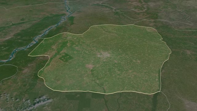 Imo, state with its capital, zoomed and extruded on the satellite map of Nigeria in the conformal Stereographic projection. Animation 3D